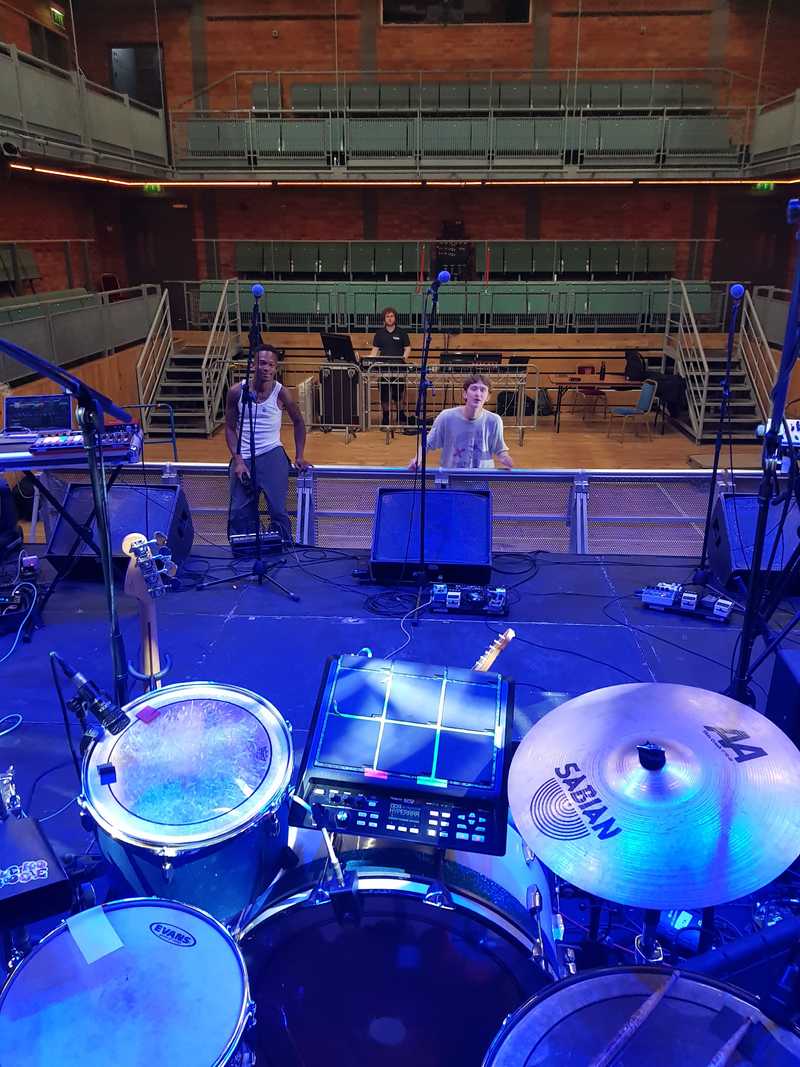 A view from behind the drumkit, Charlie and Khaleem